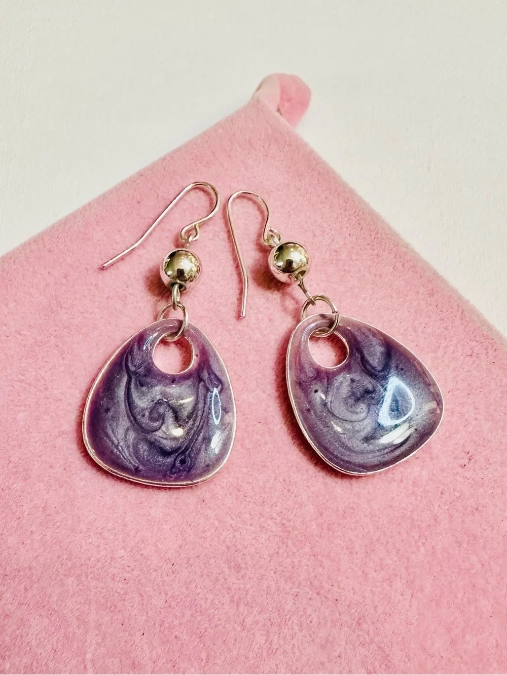 Purple Marble Resin Drop Earrings Silver Tone